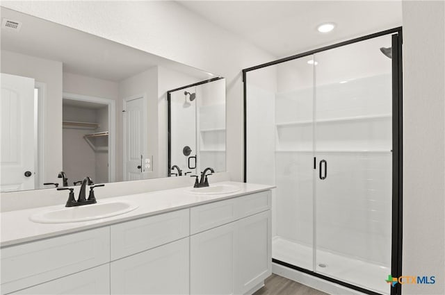 3815 Leming Ct, Temple, TX 76504 - bathroom with a stall shower, double vanity, a spacious closet, and wood finished floors
