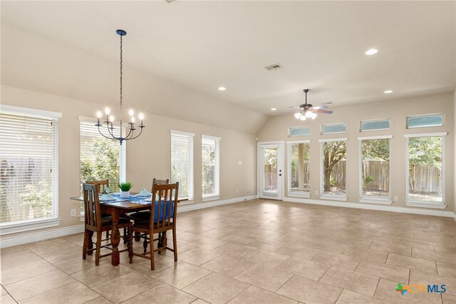 2989 Saddlehorn Dr, Seguin, TX 78155 - dining area featuring a chandelier, ceiling fan, recessed lighting, and lofted ceiling