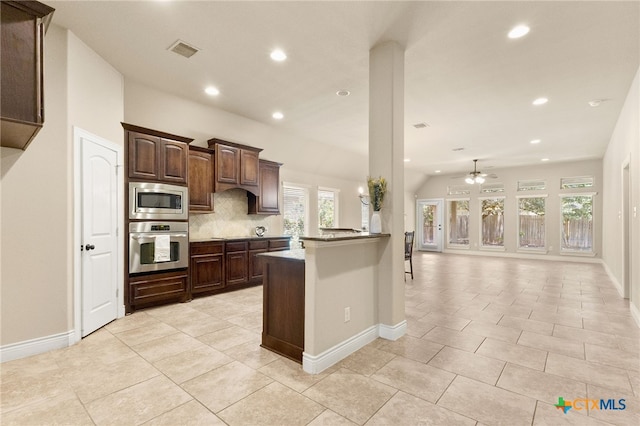 2989 Saddlehorn Dr, Seguin, TX 78155 - kitchen featuring appliances with stainless steel finishes, recessed lighting, a ceiling fan, decorative backsplash, and dark brown cabinets