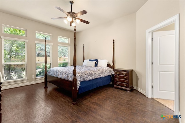 2989 Saddlehorn Dr, Seguin, TX 78155 - bedroom featuring dark wood finished floors and ceiling fan