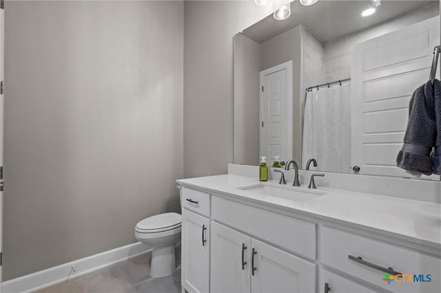 2716 Prairie Chapel Ct, Temple, TX 76502 - bathroom with vanity, baseboards, toilet, tile patterned flooring, and a shower with curtain
