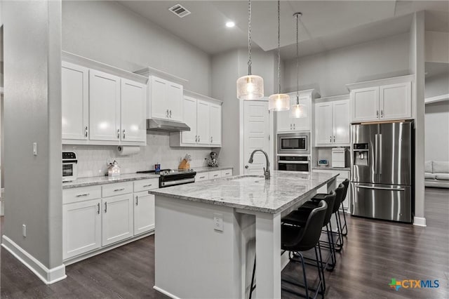 2716 Prairie Chapel Ct, Temple, TX 76502 - kitchen with stainless steel appliances, a sink, under cabinet range hood, dark wood-style floors, and a towering ceiling