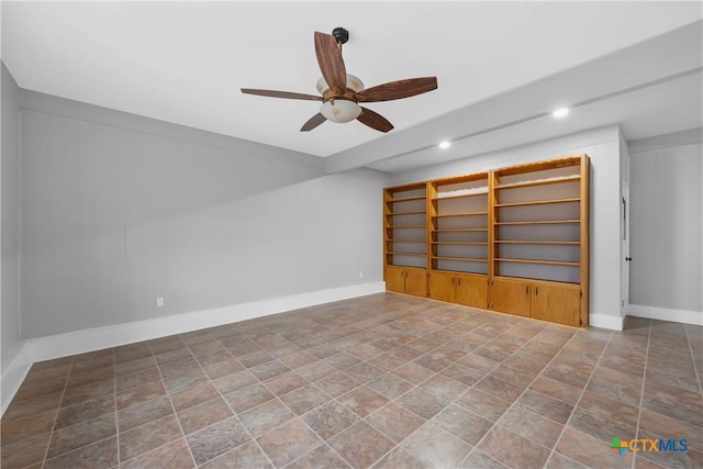 unfurnished room with recessed lighting, a ceiling fan, and baseboards