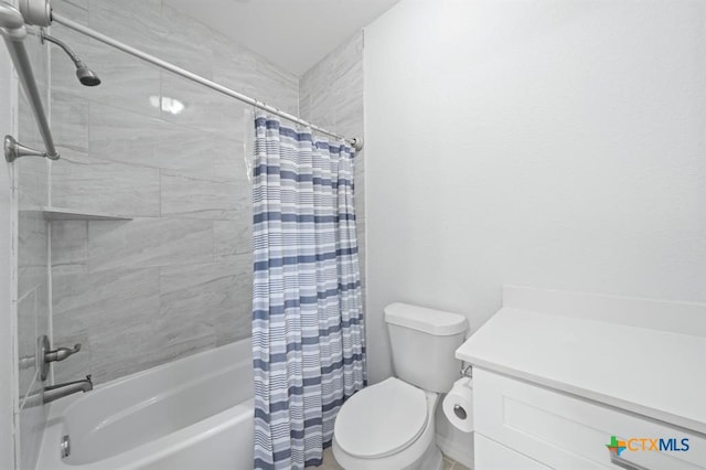 full bathroom with vanity, toilet, and shower / bathtub combination with curtain