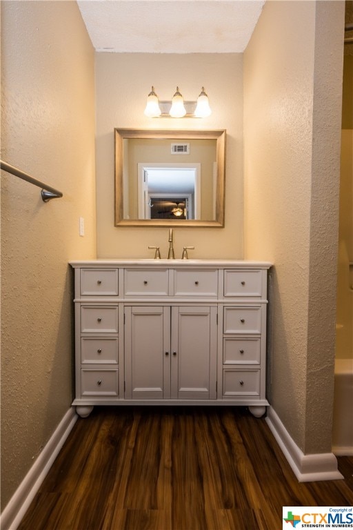 bathroom featuring vanity and wood-type flooring