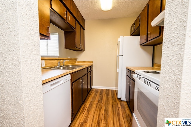 kitchen featuring a textured ceiling, sink, exhaust hood, dark hardwood / wood-style floors, and white appliances