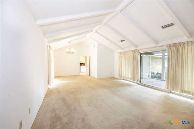 unfurnished living room with carpet flooring, lofted ceiling with beams, and a chandelier