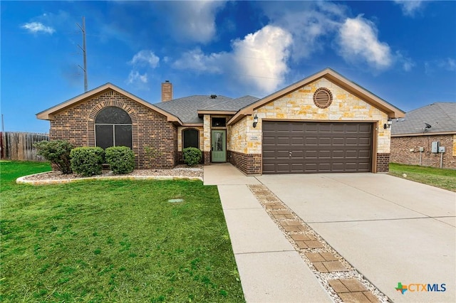 ranch-style home featuring brick siding, concrete driveway, an attached garage, and a front lawn