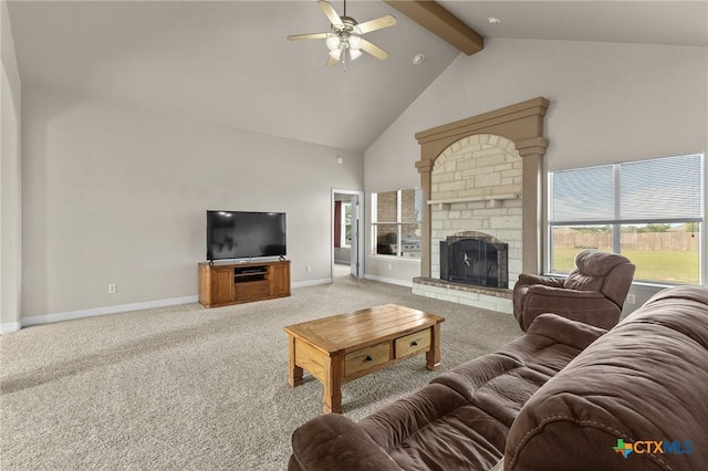 820 Thomas St, Copperas Cove, TX 76522 - living area featuring light carpet, ceiling fan, high vaulted ceiling, beamed ceiling, and baseboards
