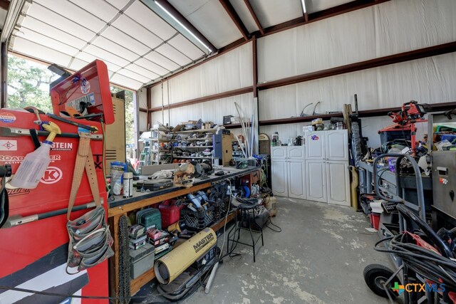 garage with a workshop area