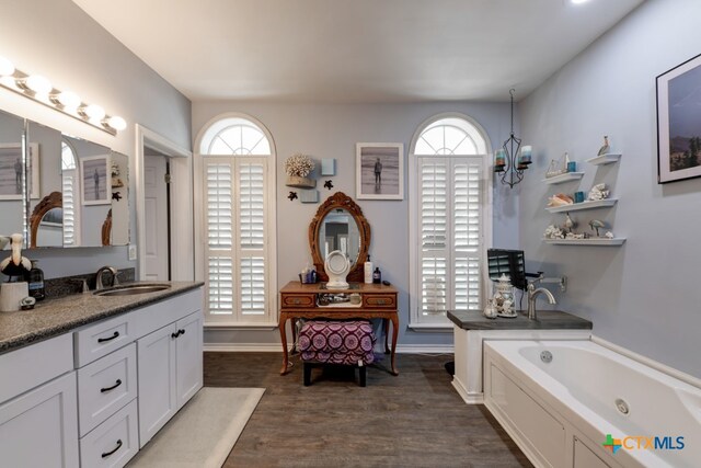 bathroom featuring a tub to relax in, vanity, and wood-type flooring