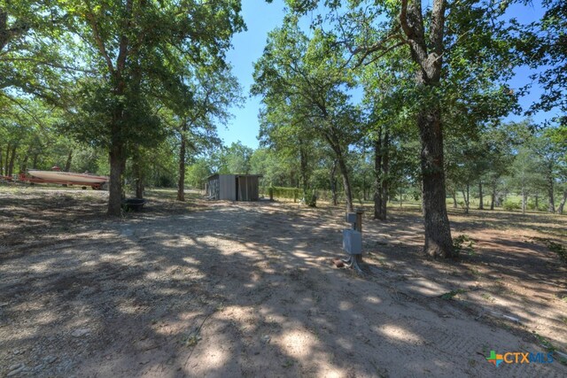 view of yard featuring a storage shed