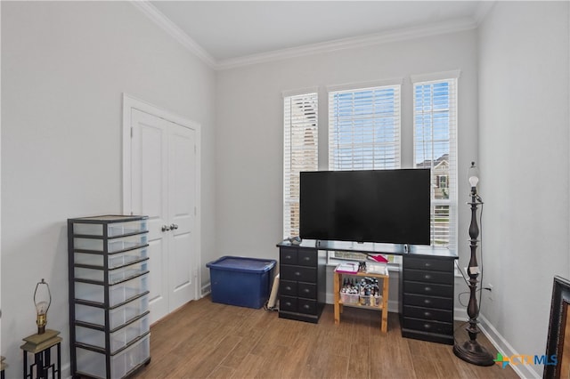 office space featuring hardwood / wood-style floors, plenty of natural light, and crown molding