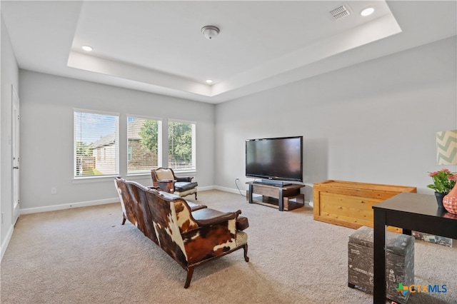 living room featuring light colored carpet and a tray ceiling