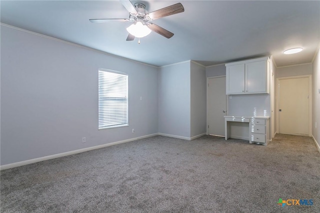 unfurnished living room featuring crown molding, light carpet, and ceiling fan