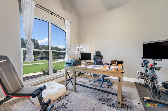 office area featuring wood-type flooring, plenty of natural light, and vaulted ceiling