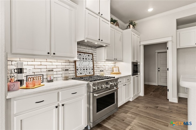 kitchen with white cabinetry, ornamental molding, dark hardwood / wood-style flooring, high end stainless steel range oven, and decorative backsplash