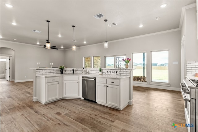 kitchen featuring range with gas stovetop, white cabinetry, ceiling fan, light wood-type flooring, and dishwasher