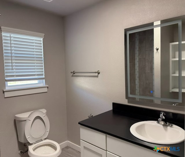 bathroom with vanity, wood-type flooring, and toilet