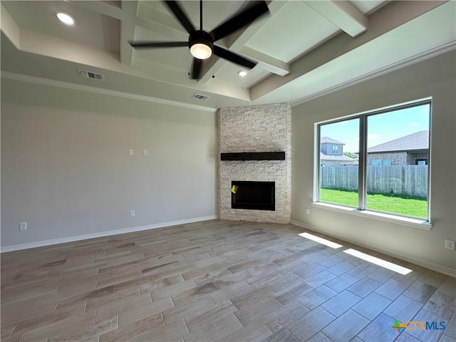 503 Magnolia Dr, Troy, TX 76579 - unfurnished living room with a ceiling fan, beam ceiling, a fireplace, recessed lighting, and baseboards