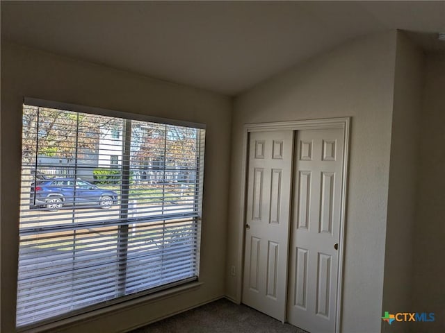 interior space featuring carpet floors, a closet, and lofted ceiling