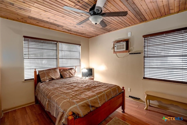 bedroom with multiple windows, wood ceiling, and wood finished floors