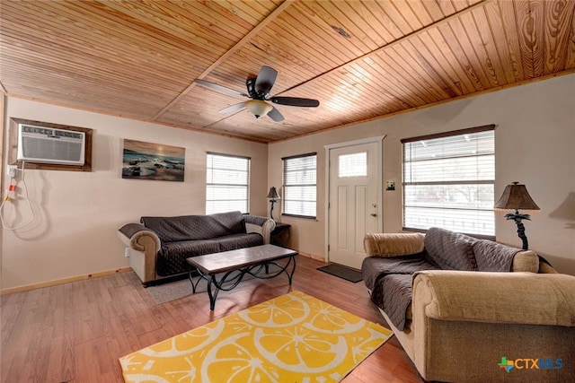 living area featuring wood ceiling, light wood-type flooring, baseboards, and an AC wall unit