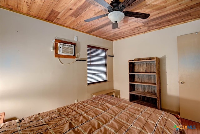 unfurnished bedroom with ceiling fan, wooden ceiling, and a wall unit AC