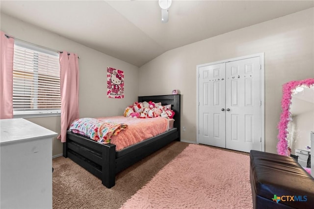 1401 Juneberry Park Dr, Temple, TX 76502 - bedroom featuring lofted ceiling, light colored carpet, a closet, a ceiling fan, and baseboards