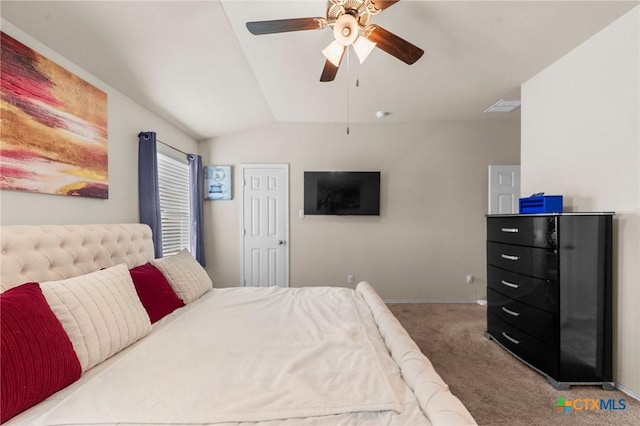 1401 Juneberry Park Dr, Temple, TX 76502 - bedroom with carpet flooring, lofted ceiling, baseboards, and ceiling fan