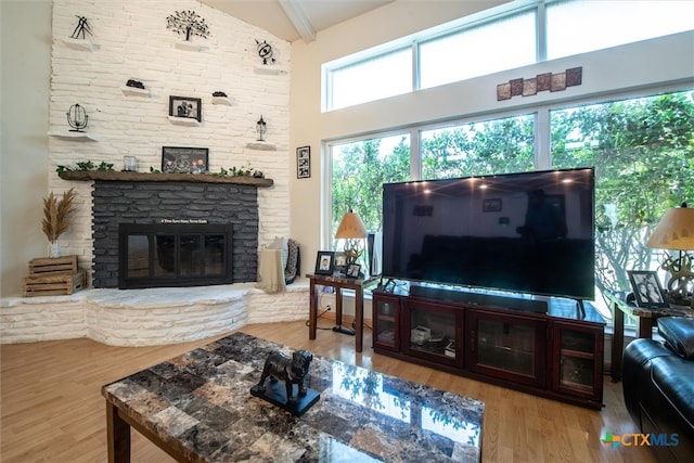 living room with a fireplace, hardwood / wood-style flooring, and high vaulted ceiling