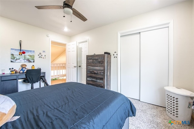 carpeted bedroom featuring ceiling fan