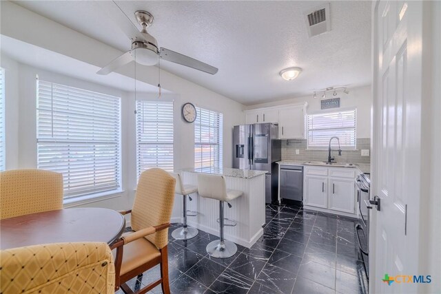 2703 Schulze Dr, Killeen, TX 76549 - kitchen featuring a sink, stainless steel appliances, a ceiling fan, dark marble finish flooring, and a kitchen bar