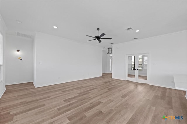 7915 Autumnwood Ln, Temple, TX 76502 - unfurnished living room featuring french doors, ceiling fan, crown molding, light wood-style flooring, and baseboards