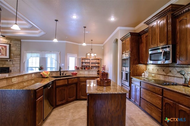 2601 Techny Dr, Harker Heights, TX 76548 - kitchen featuring a spacious island, stainless steel appliances, decorative backsplash, light tile patterned flooring, and pendant lighting