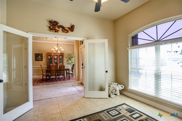 2601 Techny Dr, Harker Heights, TX 76548 - doorway to outside featuring french doors, light tile patterned floors, a chandelier, and ceiling fan