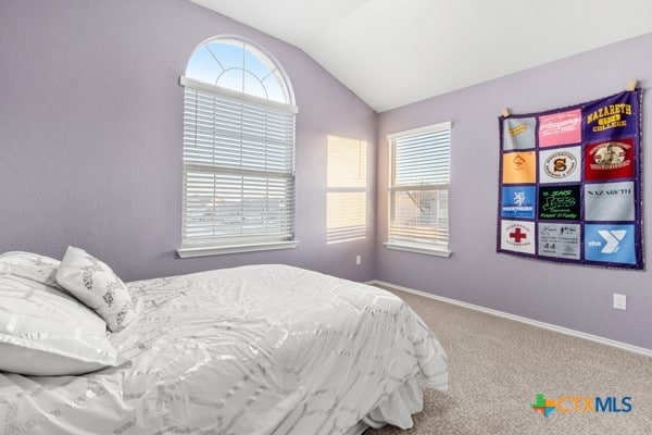 carpeted bedroom with lofted ceiling