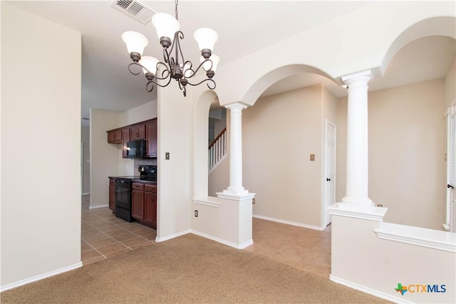 10113 Orion Dr, Temple, TX 76502 - interior space with an inviting chandelier, visible vents, light carpet, light tile patterned floors, and arched walkways