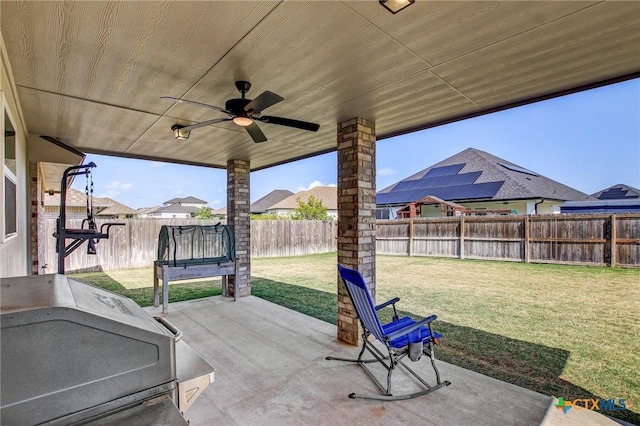 view of patio / terrace featuring a grill, a fenced backyard, a ceiling fan, and a residential view