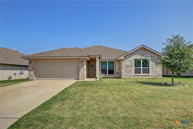 ranch-style home featuring driveway, roof with shingles, a front yard, brick siding, and a garage