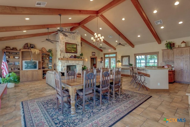 217 Foxwood, New Braunfels, TX 78132 - dining room featuring visible vents, ceiling fan with notable chandelier, and beam ceiling