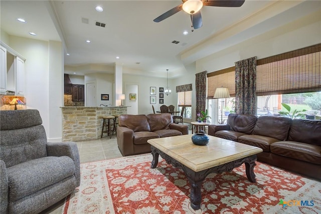 217 Foxwood, New Braunfels, TX 78132 - living room featuring ceiling fan, recessed lighting, light tile patterned flooring, and visible vents