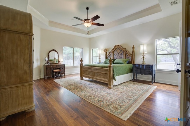 217 Foxwood, New Braunfels, TX 78132 - bedroom featuring multiple windows, a tray ceiling, dark wood-type flooring, and visible vents