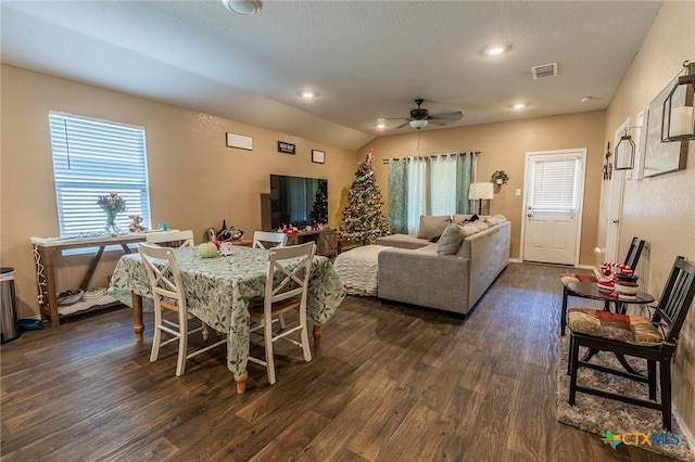 interior space with ceiling fan, dark hardwood / wood-style floors, and lofted ceiling