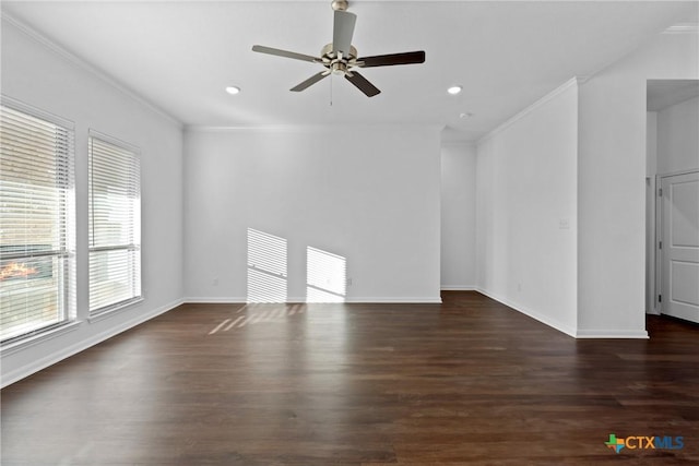 unfurnished living room featuring dark hardwood / wood-style flooring, crown molding, and ceiling fan