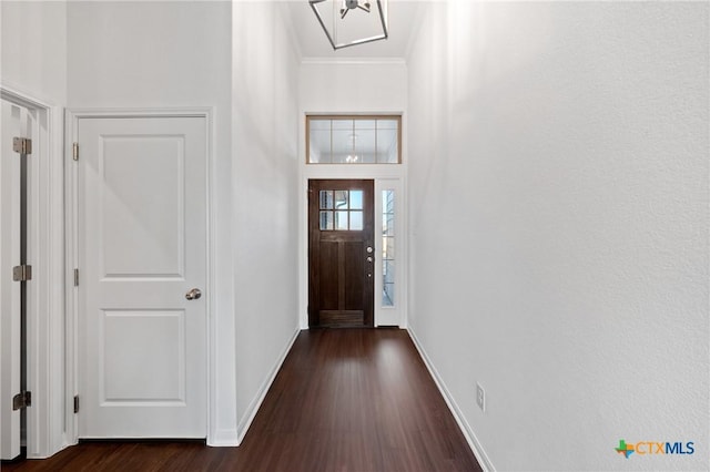 entryway featuring ornamental molding and dark hardwood / wood-style flooring