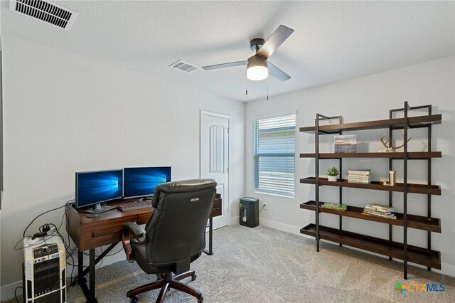 office with ceiling fan and light carpet