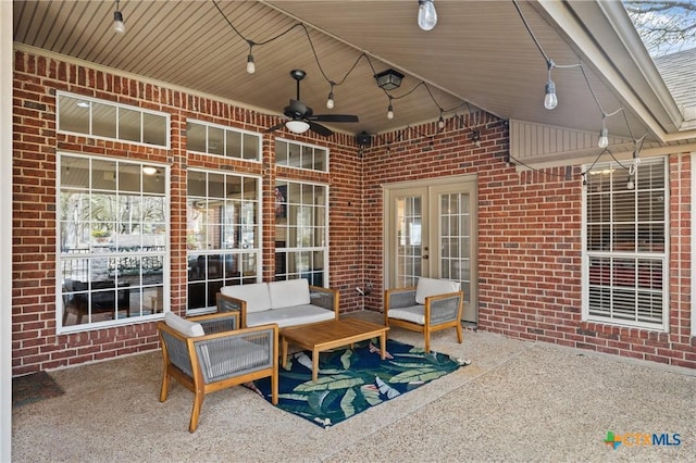 view of patio / terrace with a ceiling fan, french doors, and an outdoor hangout area