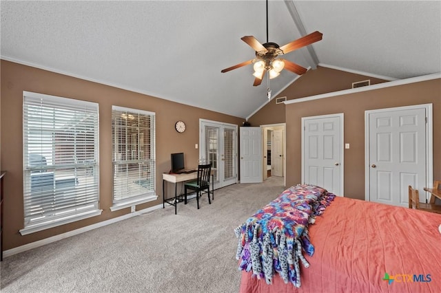 bedroom featuring ornamental molding, carpet, visible vents, and vaulted ceiling with beams