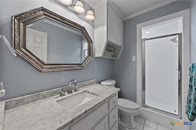 bathroom featuring toilet, a stall shower, ornamental molding, and vanity